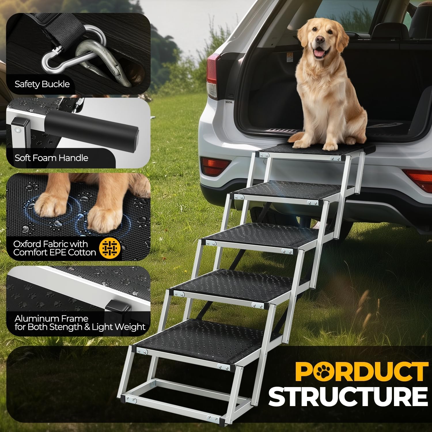 Auto Dynasty Dog Stairs for Car - 5 Steps Wide 37in High 31in Foldable Dog Ramp for Car Non-Slip Surface Support up to 150lbs - Suitable for SUV,Truck, Sofas, Bed/Couch