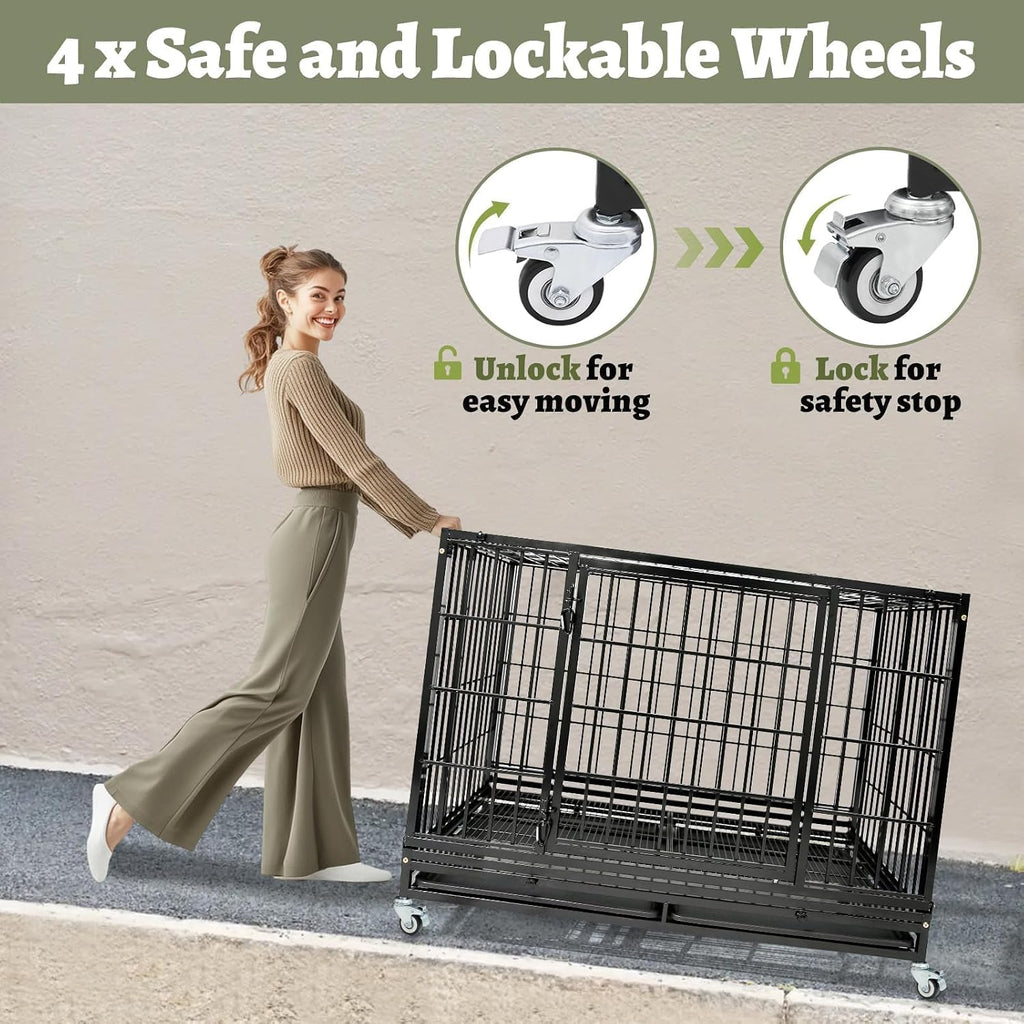 Heavy Duty Large Dog Crates for Large Dogs with Wheels, 47 Inch Metal Wire Stackable Dog Crate Cage with 2 Removable Trays, Multi Locks, Chew Proof Escape Proof Dog Kennel Indoor