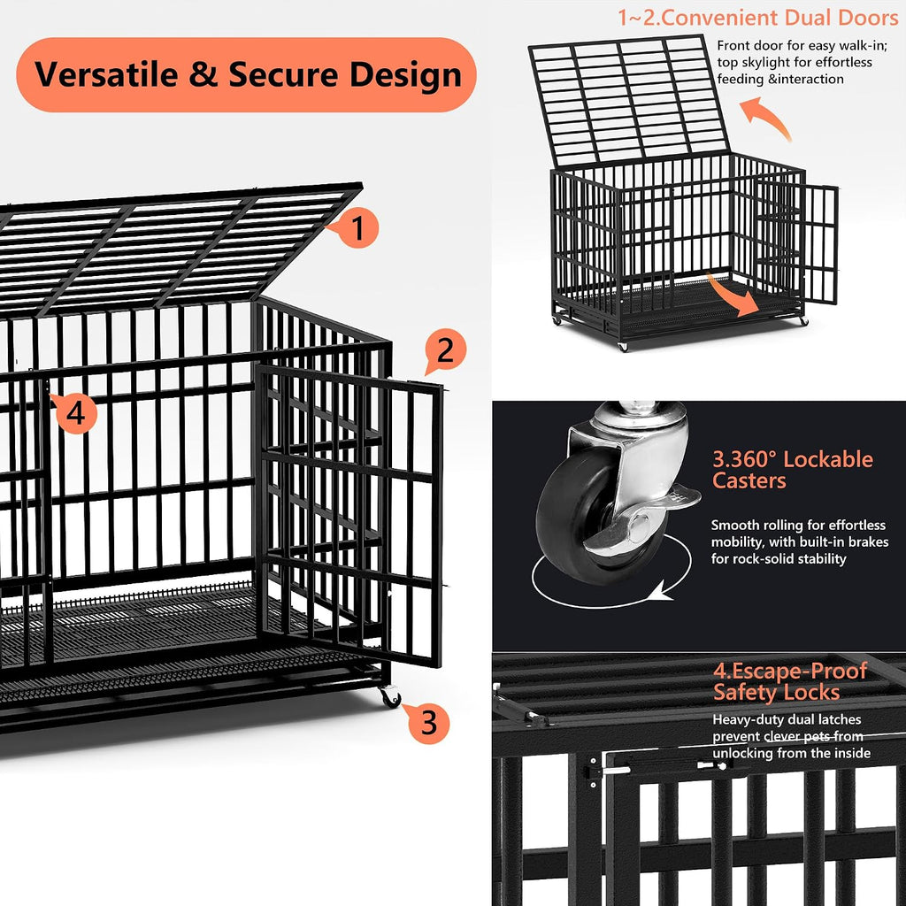 LEMBERI 48" Heavy Duty Dog Crate for Large Dogs, Black | Indestructible escape-proof cage kennel for high anxiety dogs, with removable wire trays & lockable wheels