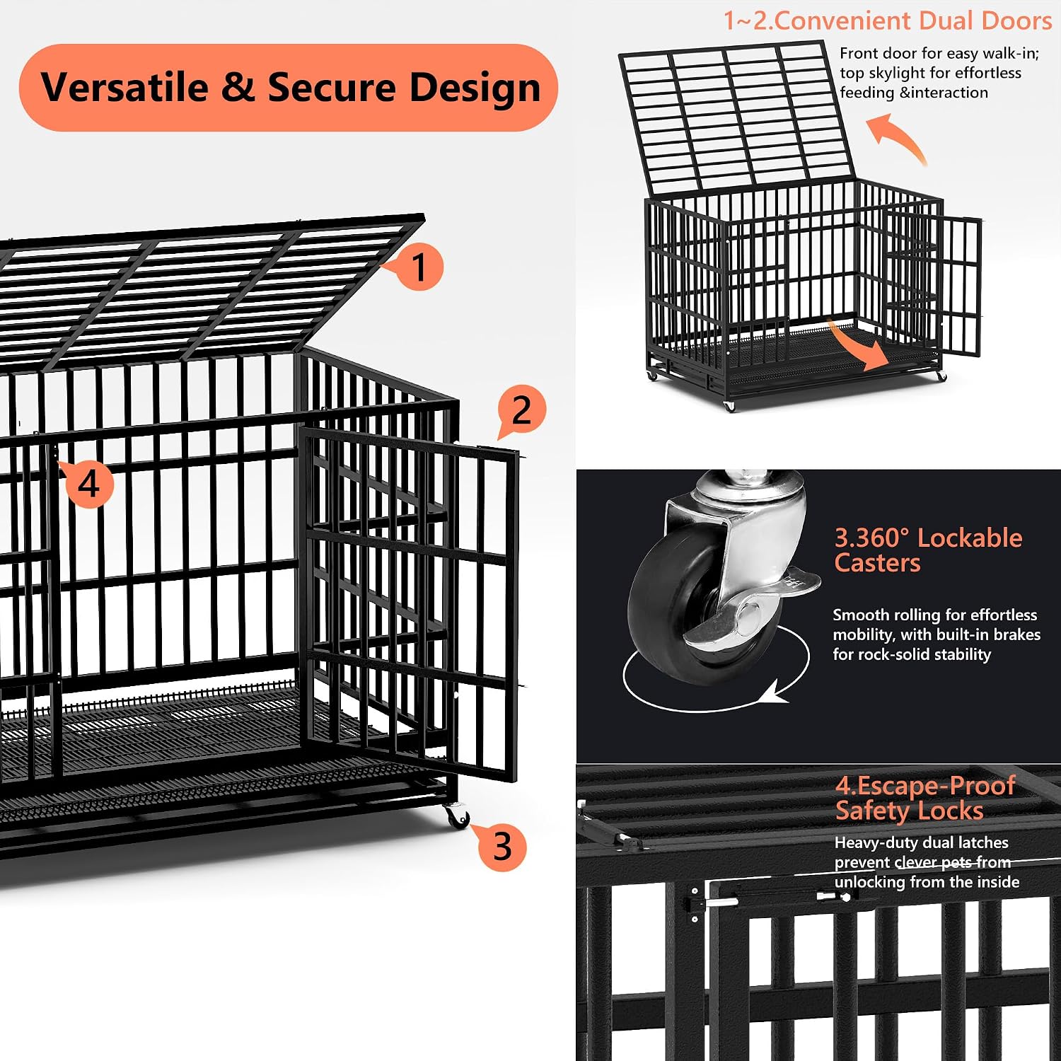 LEMBERI 48" Heavy Duty Dog Crate for Large Dogs, Black | Indestructible escape-proof cage kennel for high anxiety dogs, with removable wire trays & lockable wheels