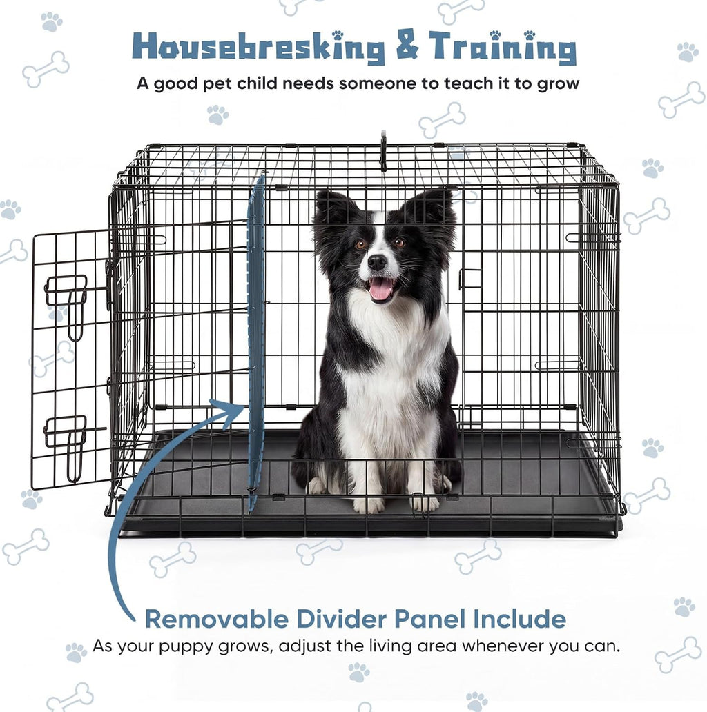 DUMOS 36 Inch Dog Crate, Foldable Small Medium Dog Cage Pet Kennel | Double Door Metal Wire, Plastic Leak-Proof Pan Tray, Portable Indoor Outdoor Training Travel