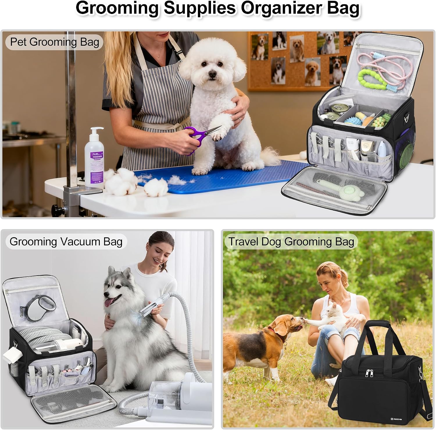 TANTO Dog Grooming Vacuum Bag, Extra Large Pet Tool Bag with Compartments | Professional Travel Animal Groomer's Tool kit Bags for Supplies - for Dogs, Cat & Pet Groomers( Black)