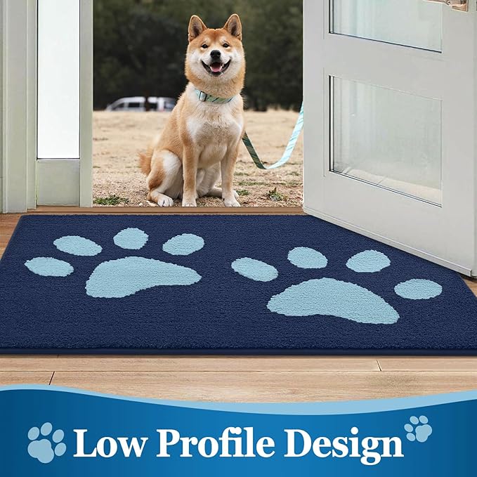Buganda Dog Door Mat for Muddy Paws, Absorbent Dirt Trapper Washable Indoor Doormats, Non Slip Low-Profile Mud Mat for Dogs, Front Entrance Doormat for Inside Floor (48x30 Inches, Dark Blue)