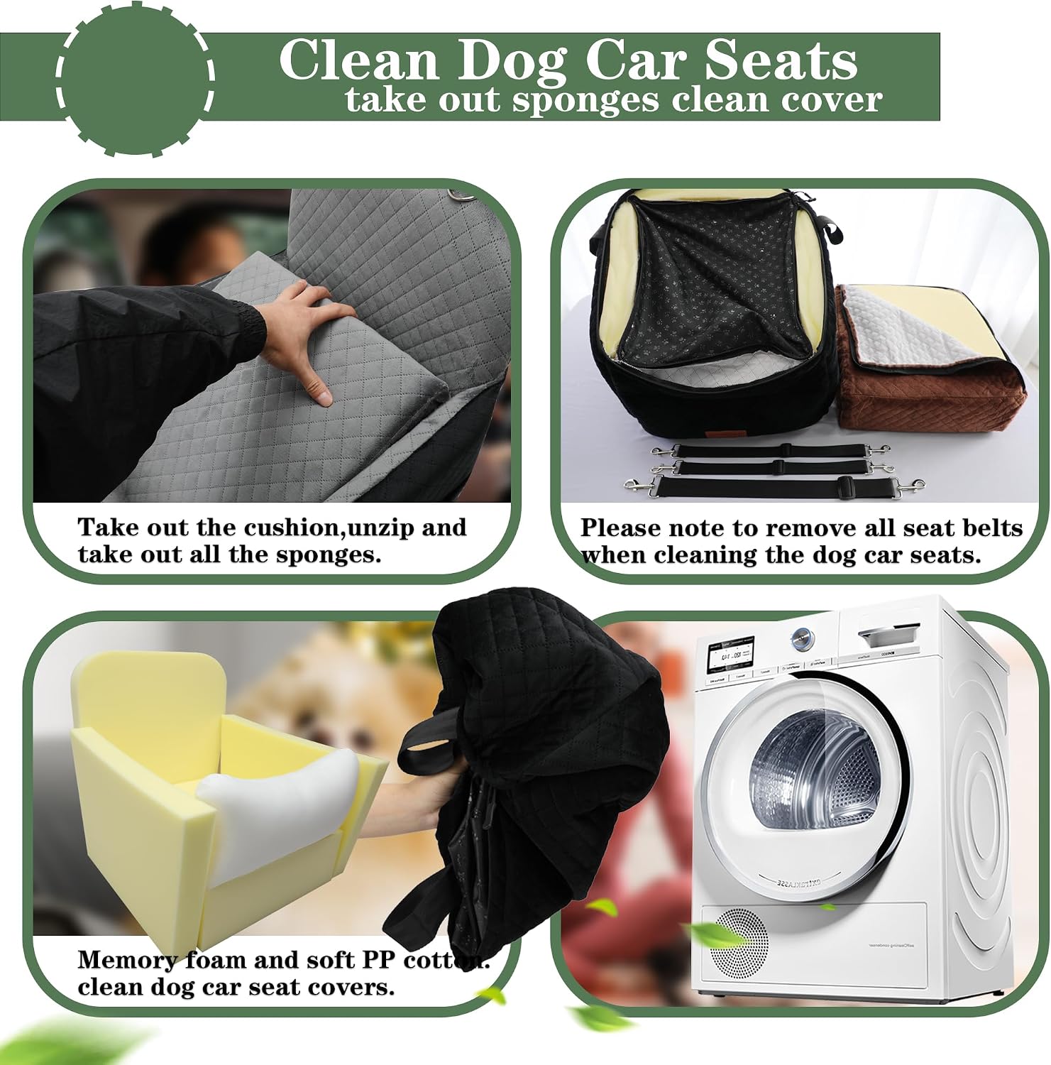 Dog Car Seat for Small/Medium Dogs,2 Adjustable Seat Belt,Memory Foam with Soft Fabric Pets Travel Car Bed with Non-Slip Bottom,Easily Installed in Front and Back Seats,Removable and Washable(H-Grey