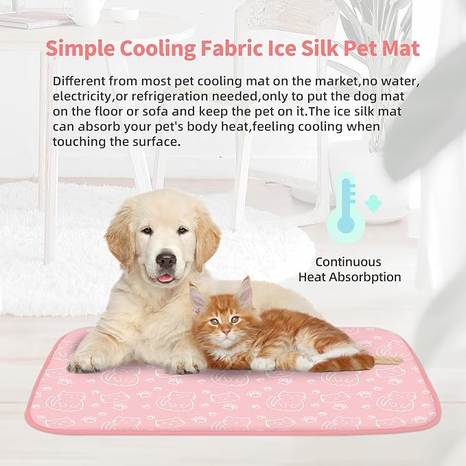 NWK Pack of 4 Pet Cooling Mat - Ice Silk Cooling Mat for Dogs & Cats Portable & Washable Pet Cooling Blanket, Car Seats, Beds for Summer (4pcs, Pink Cat, 39’’ X 27’’ X 0.3)