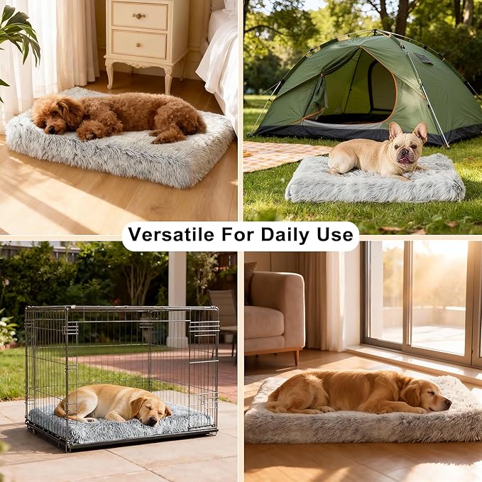 Fluffy Orthopedic Dog Beds for Medium Dogs with Washable Removable Cover Dog Crate Bed Egg Crate Foam Support Plush Pet Pad Mat with Anti-Slip Bottom(Grey,36 * 24)