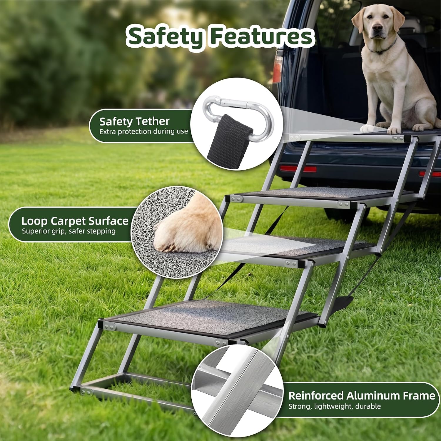 Dog Stairs for Large Dogs, 𝟐𝟎'' 𝐄𝐱𝐭𝐫𝐚 𝐖𝐢𝐝𝐞 Foldable Dog Ramp for Car, SUV & Truck, Non-Slip DogSteps for High Beds, 4-Step Aluminum Frame, Supports up to 250 lbs