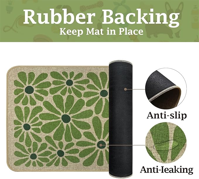 SHIYUE Dog Food Mats for Floors, Absorbent Cat Bowl for Food and Water, Non-Slip Accessories Pet Supplies(17"x30",Green Flower)