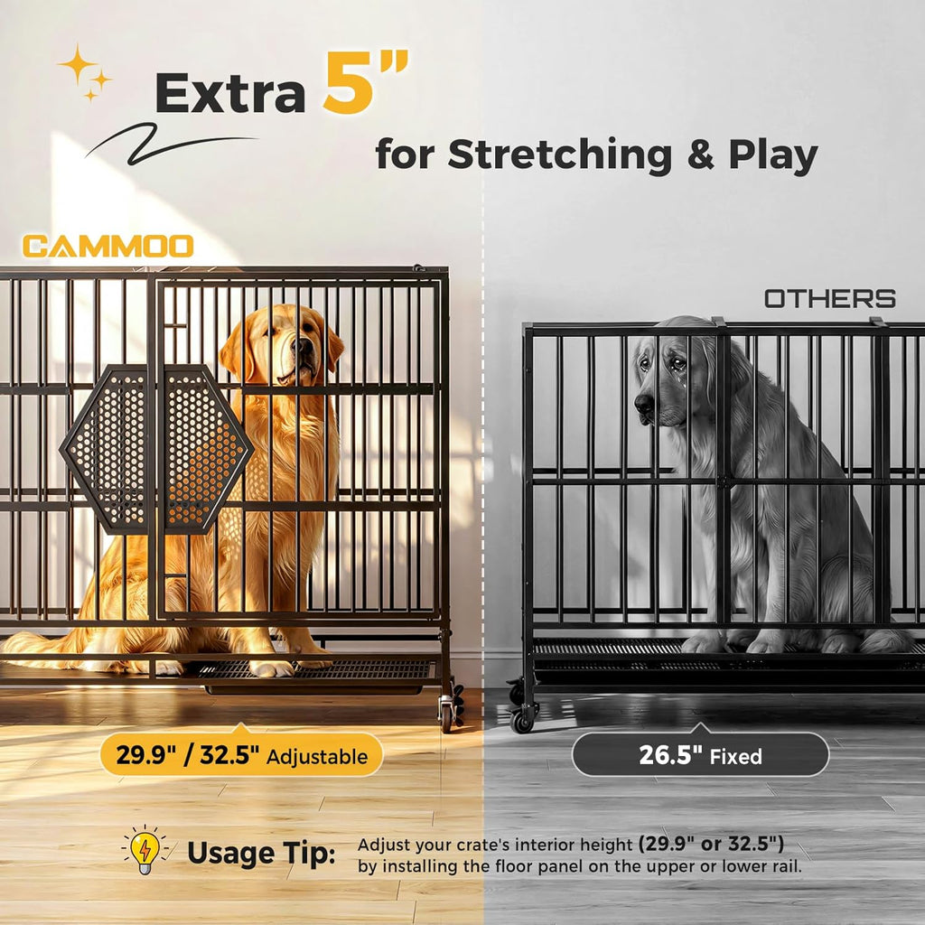 CAMMOO 48'' Heavy Duty Dog Crates for Large Dogs, Dog Kennel Indoor | For High Anxiety Dog, Escape-Proof Dual Top Fences, Reinforced Square Tube Frame, Easy-Clean Split Floor, Extra-Wide Door