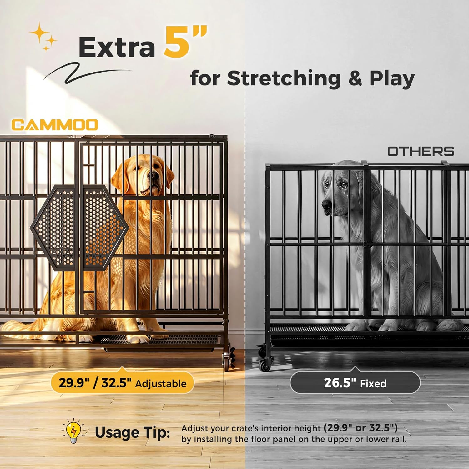 CAMMOO 48'' Heavy Duty Dog Crates for Large Dogs, Dog Kennel Indoor | For High Anxiety Dog, Escape-Proof Dual Top Fences, Reinforced Square Tube Frame, Easy-Clean Split Floor, Extra-Wide Door