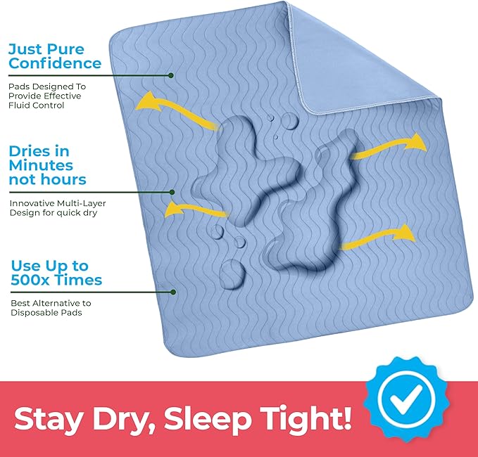Utopia Bedding Washable Underpads 18" x 24" (Pack of 4), Waterproof Reusable Heavy Absorbency Incontinence Bed Pads for Adults, Kids, Elderly and Pets, Bedwetting Pads for Sofa and Couch (Blue)