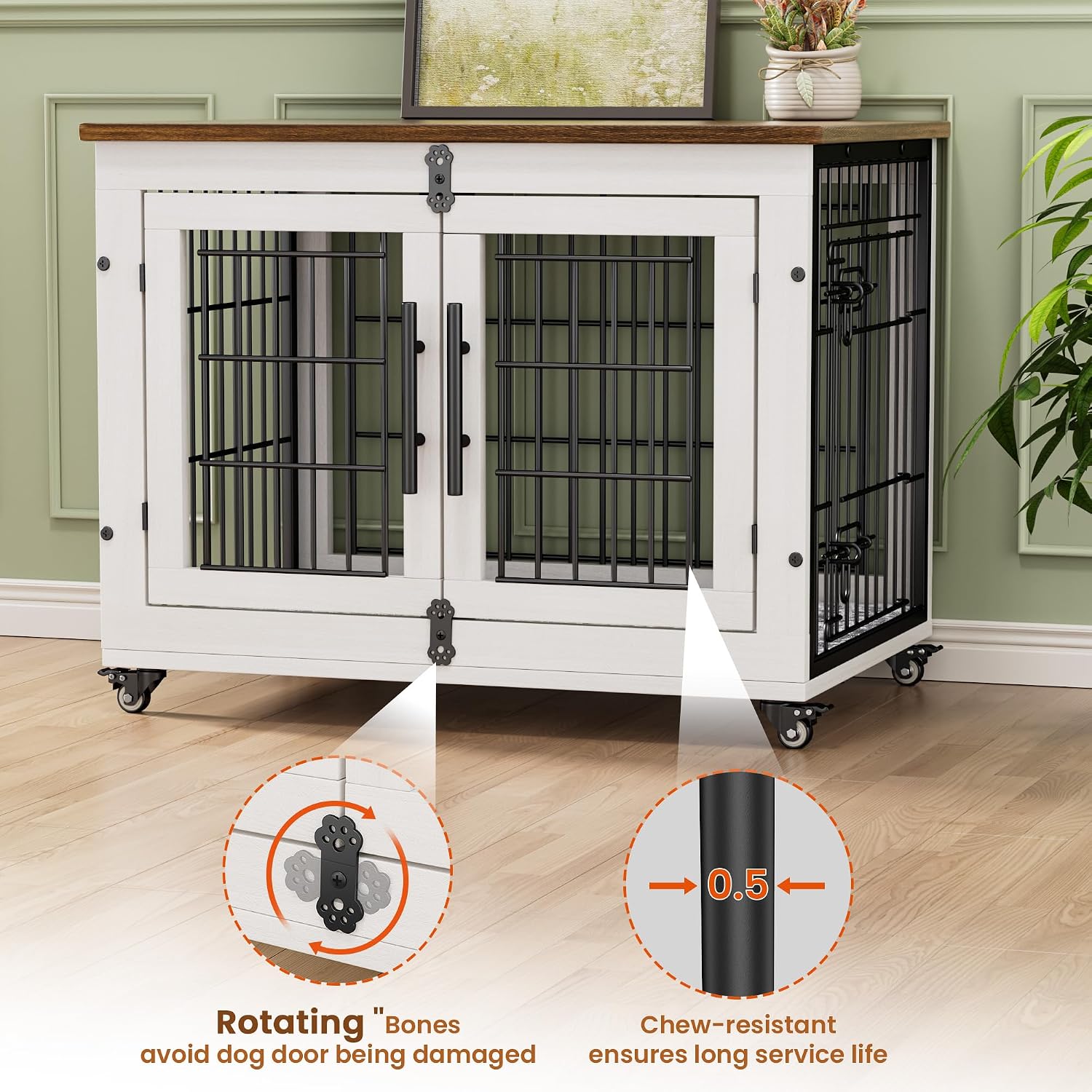 Medium Dog Crate Furniture, 32'' Heavy Duty Kennel w/Cushion & Wheels | White, Double Doors, Wooden Dog Cage, Chew-Resistant, End Table, Decorative, 27"/32"/38"/44" Options, Indoor