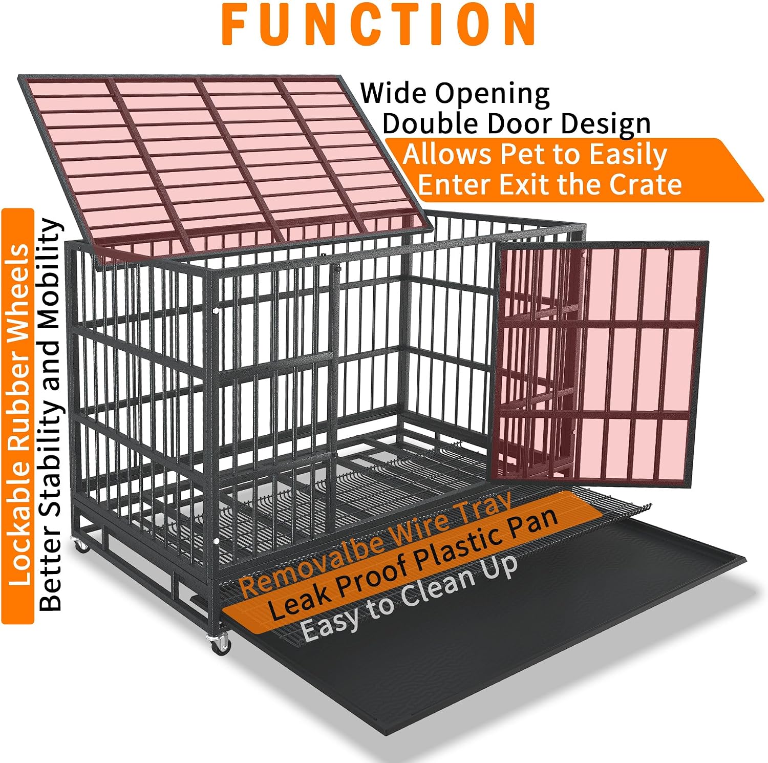 KOKOTANGS 42 Inch Heavy Duty Dog Crate Cage with Wheels, Indestructible and Escape Proof Steel Kennel Indoor for High Anxiety Dogs with Sturdy Locks, Double Door and Tray, Extra Large XL XXL, Black