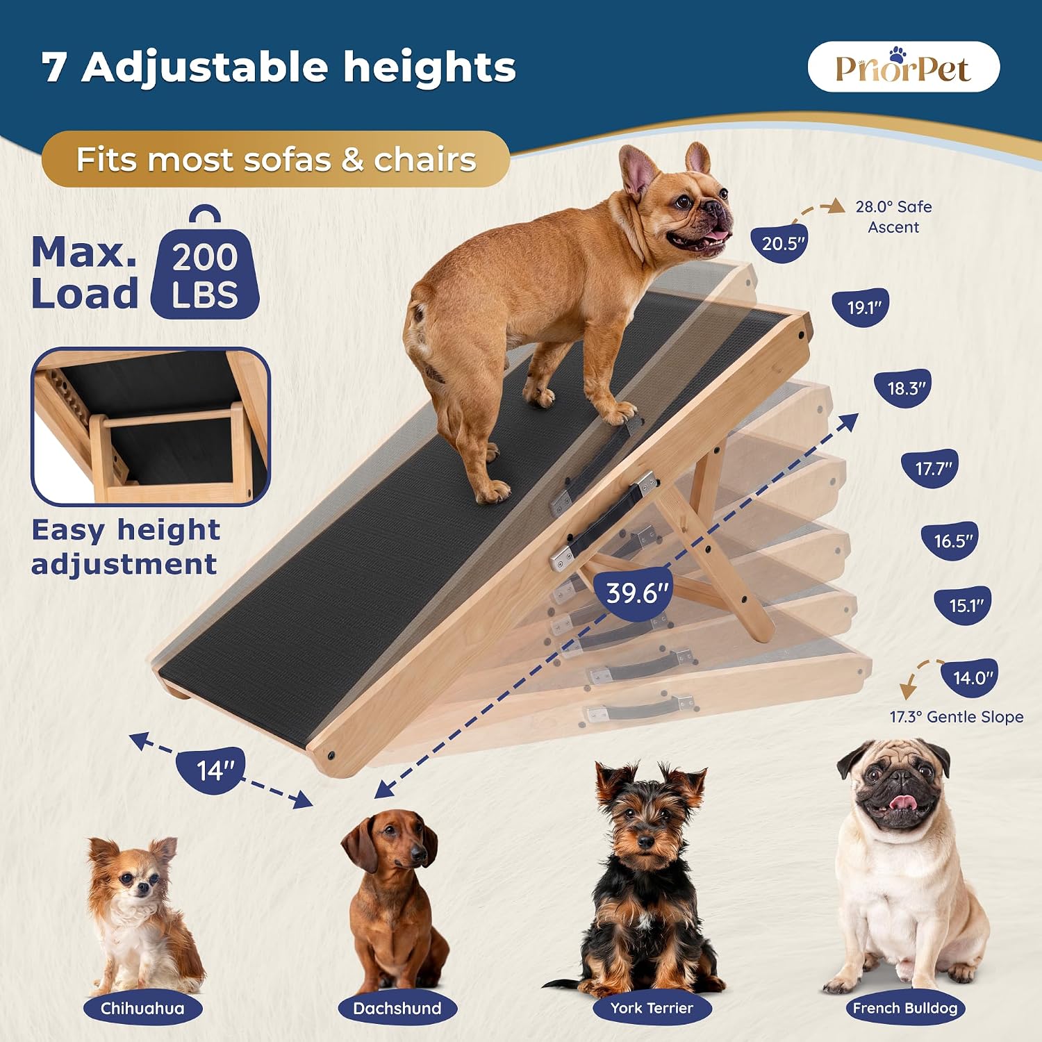 Dog Ramp for Couch – Non-Slip, Sturdy Build Foldable Wooden Dog Ramp – Supports up to 200 lbs – 7 Adjustable Heights (14"–20.5") – Enhanced Stability – Birchwood Pet Ramp for Small Dogs – Natural