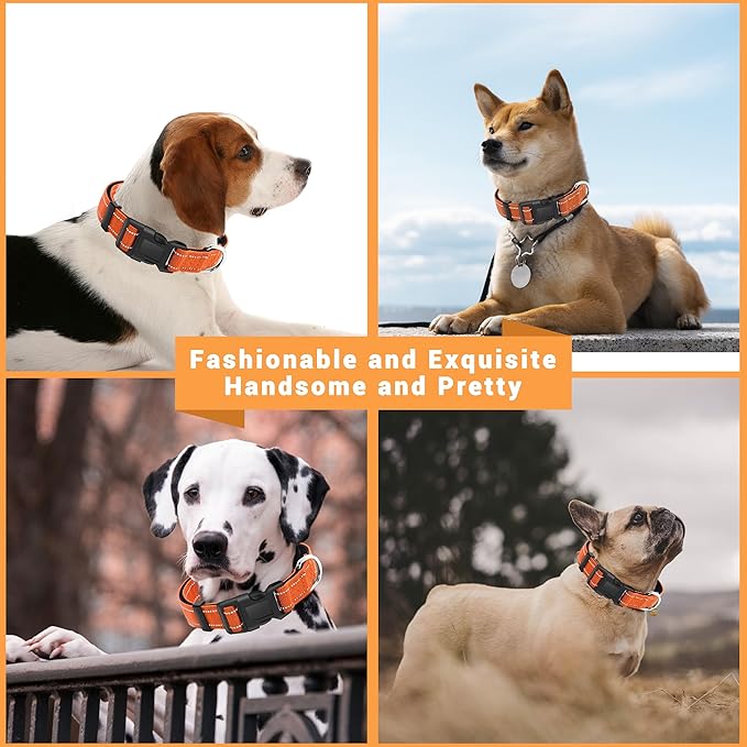 2 Pack Reflective Dog Collar with Safety Locking Buckle, Adjustable Soft Breathable Comfortable Nylon Pet Collar for Small, Medium and Large Dogs, Orange, S