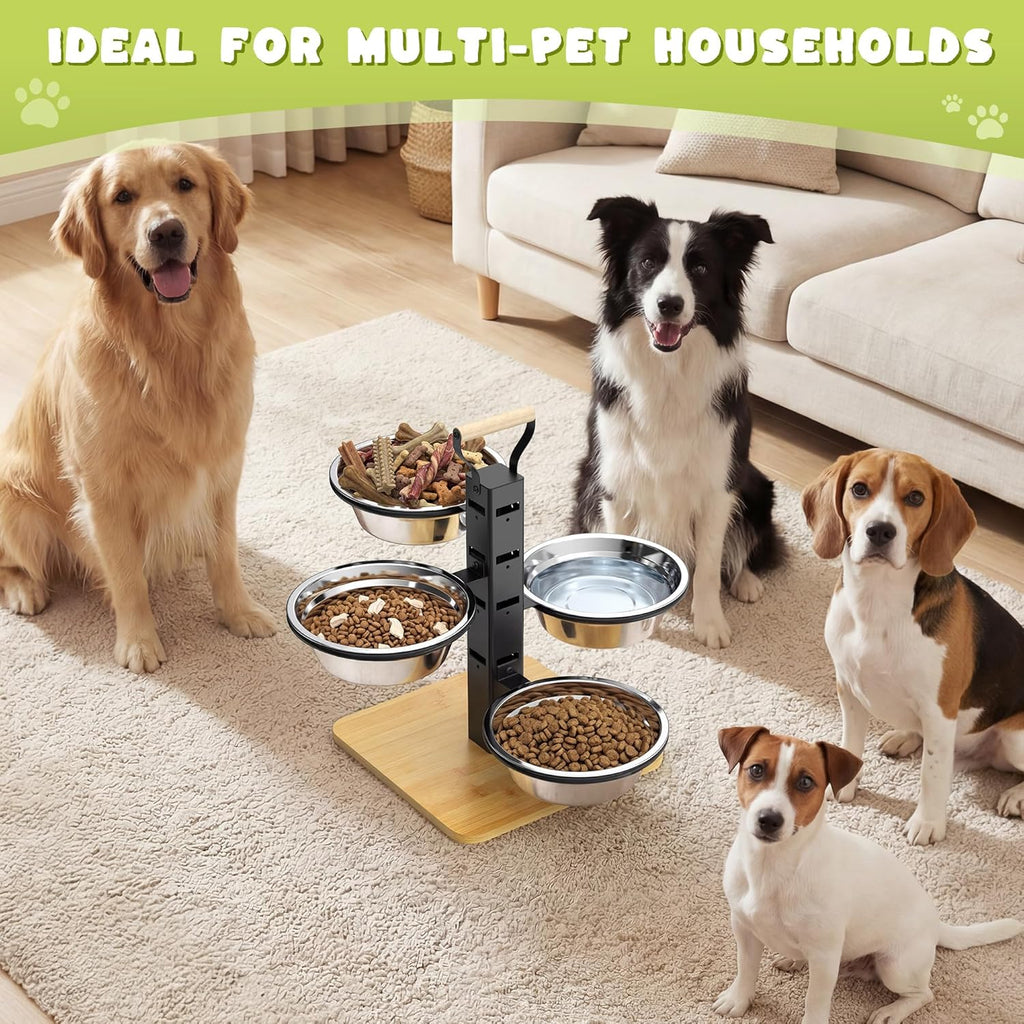 Elevated Dog Bowls Stand - 4 Heights Raised Dog Bowl Large Sized Dog - Dog Feeding Station - Dog Food and Water Bowl Set with Portable Handle - Suitable for Multi-Dog Feeding