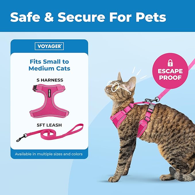 Voyager Escape-Proof Step-in Lock Cat Harness & 5ft Neoprene-Handle Leash Set All-Weather Mesh with Reflective Stitching for Small to Large Cats by Best Pet Supplies, Fuchsia (327), M