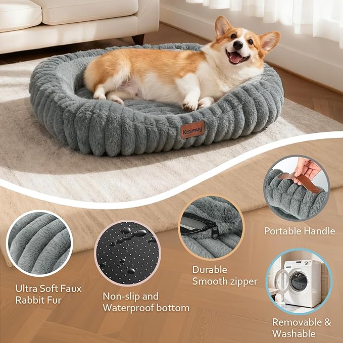 Cute Dog Bed for Extra Large Dogs, XL Washable Soft Plush Furry Calming Dog Bed with Removable Zipper Cover, Orthopedic Rectangle Anti-Anxiety Pet Kennel Bed with Handle, 43x31x5inches, Grey
