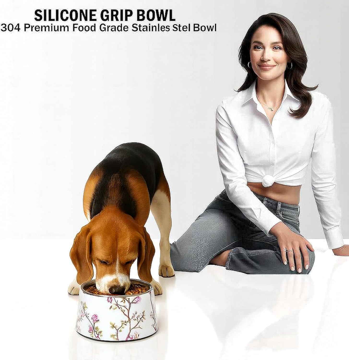 Ceramic pet Bowl 5 inch Height for Cats and Small Dogs & Toy Breeds | For cats and (10-25lbs)small dogs 2cup (540ml) food feeder, 304 food-grade stainless steel bowl, non-slip ceramic base, white