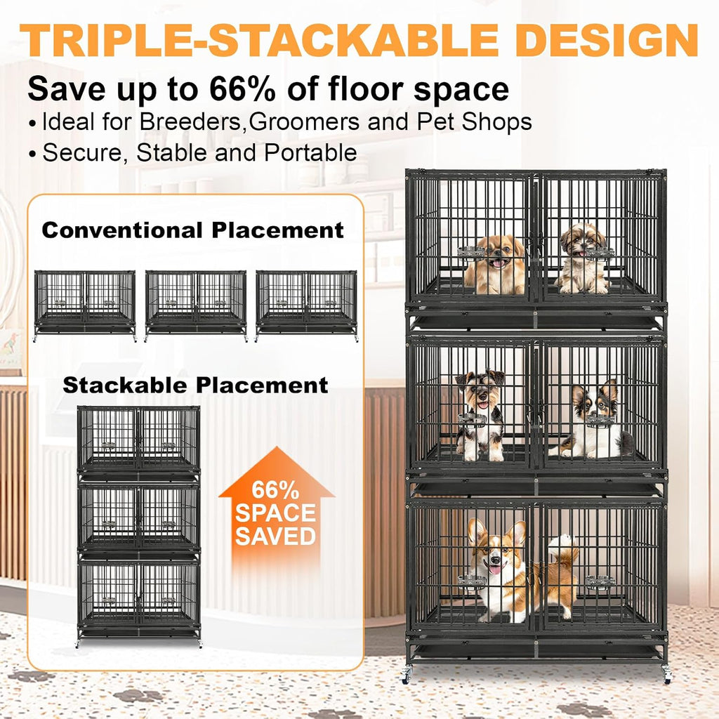 Homey Pet 43" Double Dog Crate, Heavy Duty Stackable Kennel with Divider | Drop Cage for Dogs with Dual Doors, Auto Locks, Bowls, Removable Tray, for Small & Medium Dogs, Breeders and Multi-dog Homes