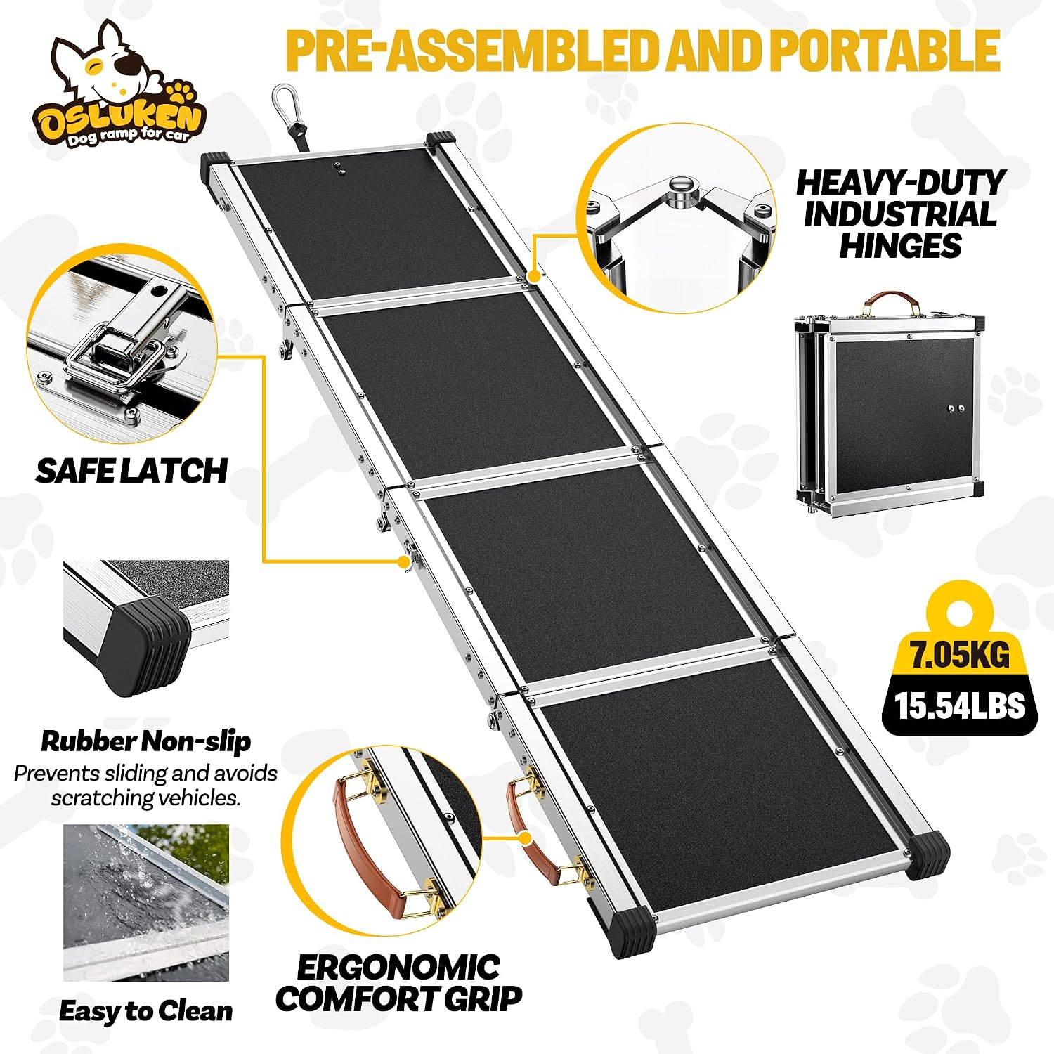 71" Aluminum Alloy Dog Ramp for Car SUV Truck Side Door, Foldable Outdoor Pet Ramp with Adjustable Support Head, Non-Slip Traction Surface, Sturdy Ramp for Large Dogs Up to 200 LBS (4 Folded)