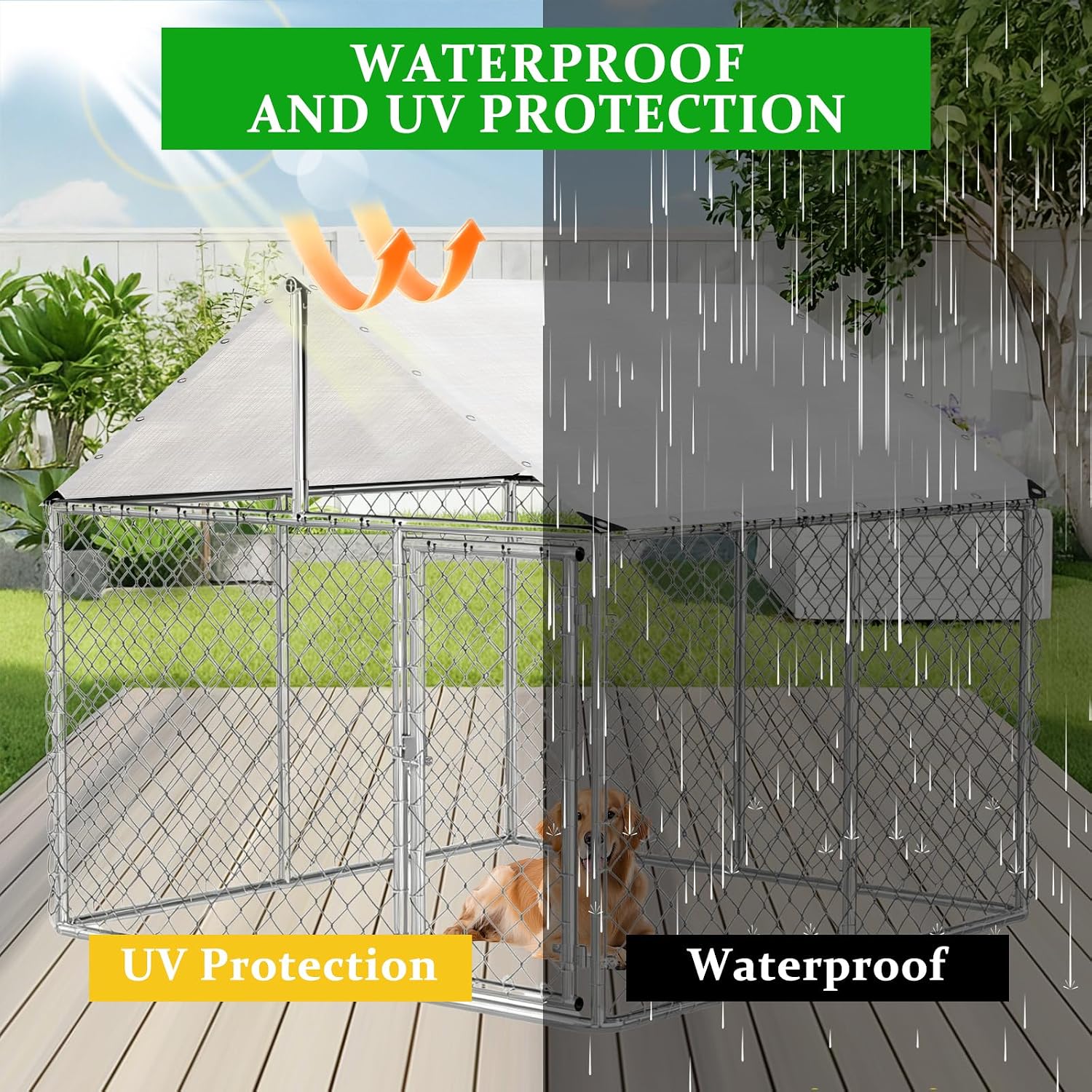 Outdoor Dog Kennel Cover Waterproof, 7.5 x 8 FT UV Protection Dog Fence Tarp with 50 Zip Ties for Outside Large Dog Enclosure Cage (Cover Only)