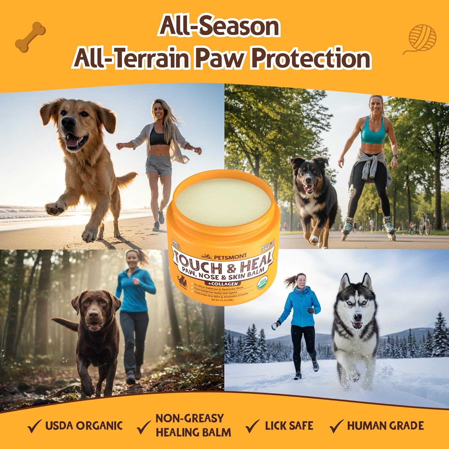 Touch & Heal Organic Paw Balm for Dogs 2oz - Cream Lotion Protection Moisturizer Nose Natural Soother Hot Pavement Wax Dry Paws Cracked Butter Protectors Pad Snout Puppy Elbow Foot Pet
