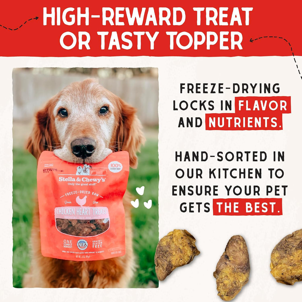 Stella & Chewy's Freeze-Dried Raw Chicken Heart Dog Treats - Single Ingredient, No Additives - Premium Training Treats - Perfect for Picky Eaters - 11oz Bag