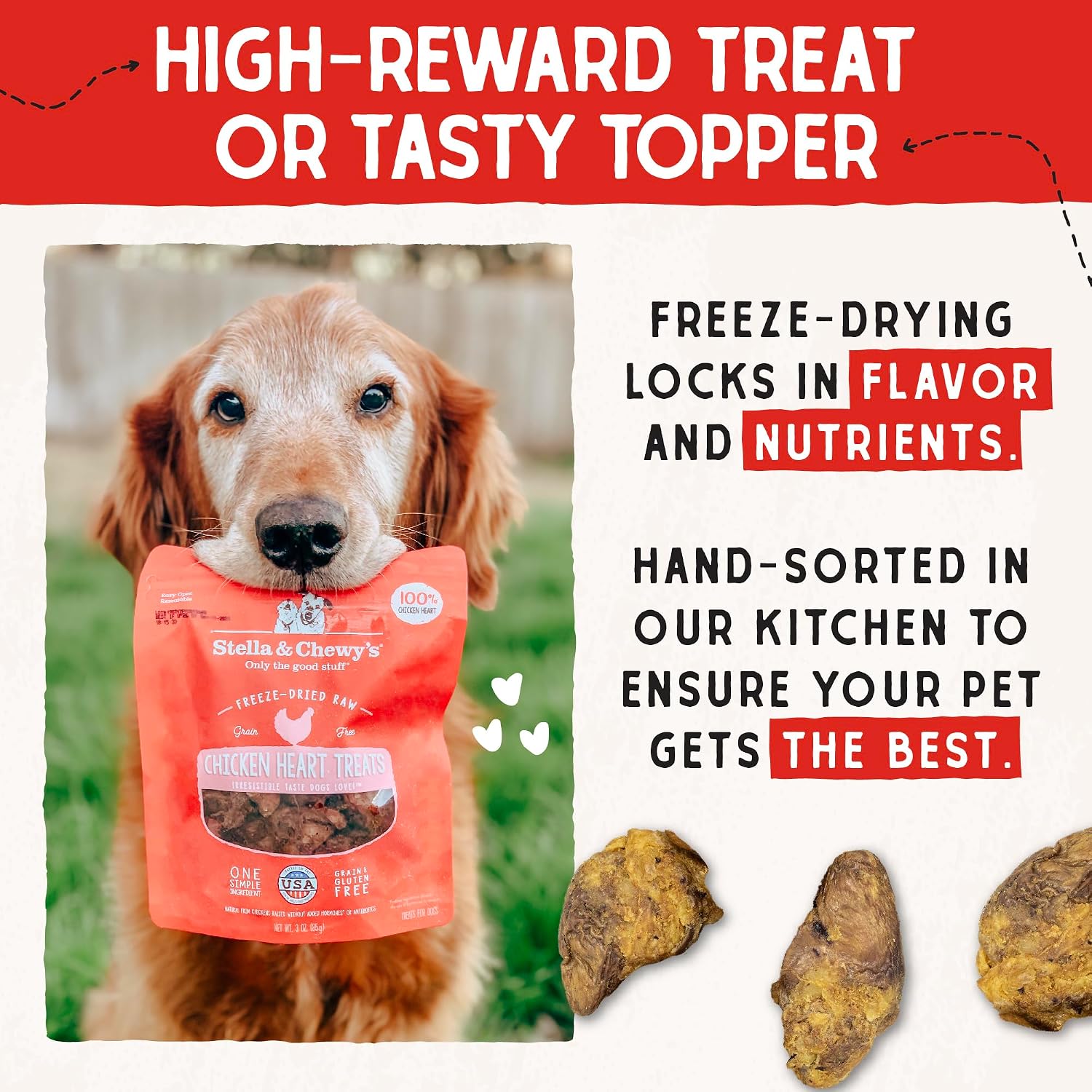 Stella & Chewy's Freeze-Dried Raw Chicken Heart Dog Treats - Single Ingredient, No Additives - Premium Training Treats - Perfect for Picky Eaters - 11oz Bag