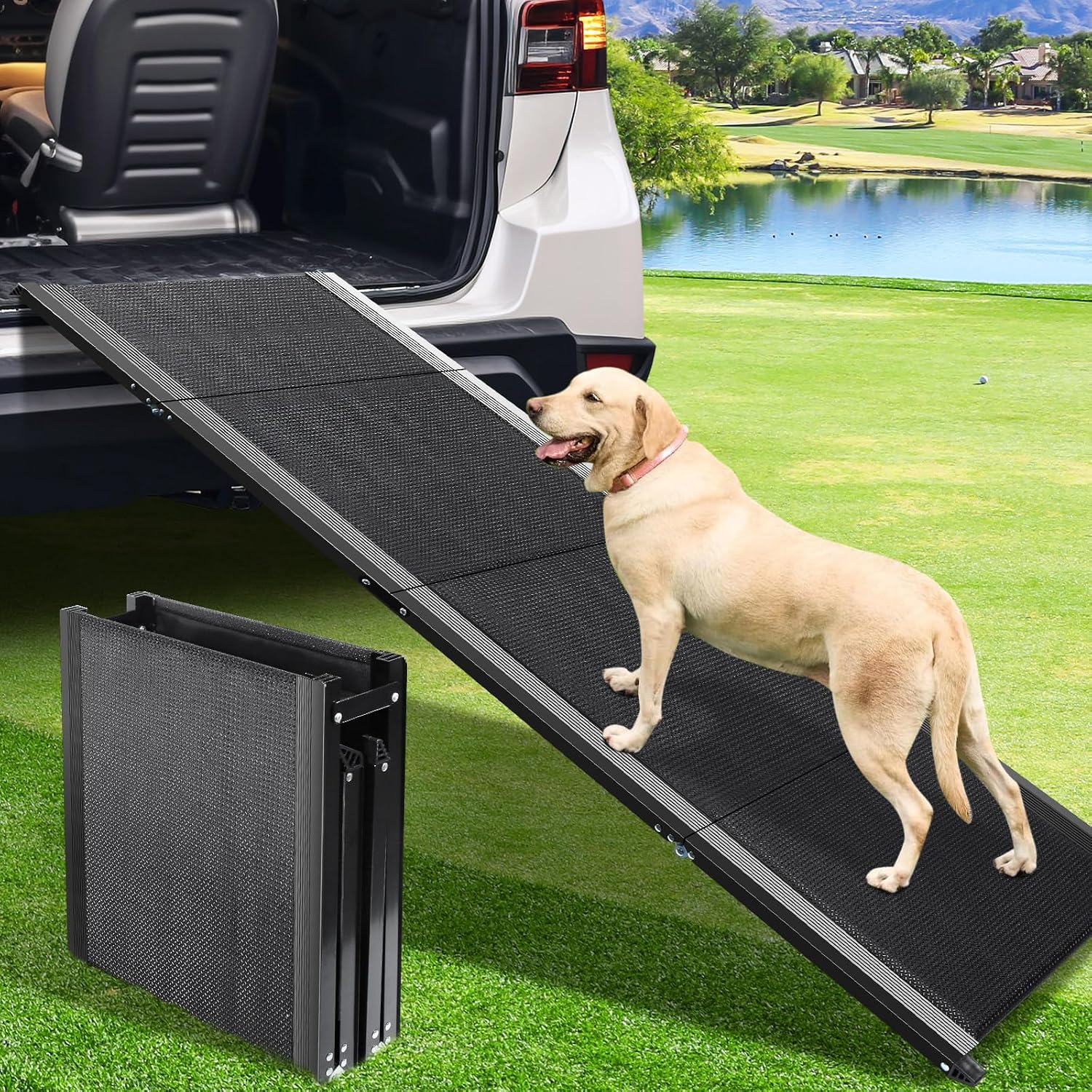 67''L x 17''W Dog Ramp for Car, Folding Portable Pet Stair Ramp with Non-Slip Rug Surface, Extra Wide Dog Steps for Medium & Large Dogs Up to 250LBS Enter a Car, SUV & Truck