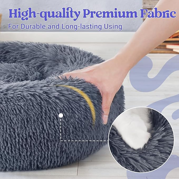 rabbitgoo Calming Dog Bed for Small Medium, 27 inches Pet Bed Machine Washable, Non-Slip Round Fluffy Plush Faux Fur, Soft Donut Cuddler Cushion for Small Dogs, Dark Grey