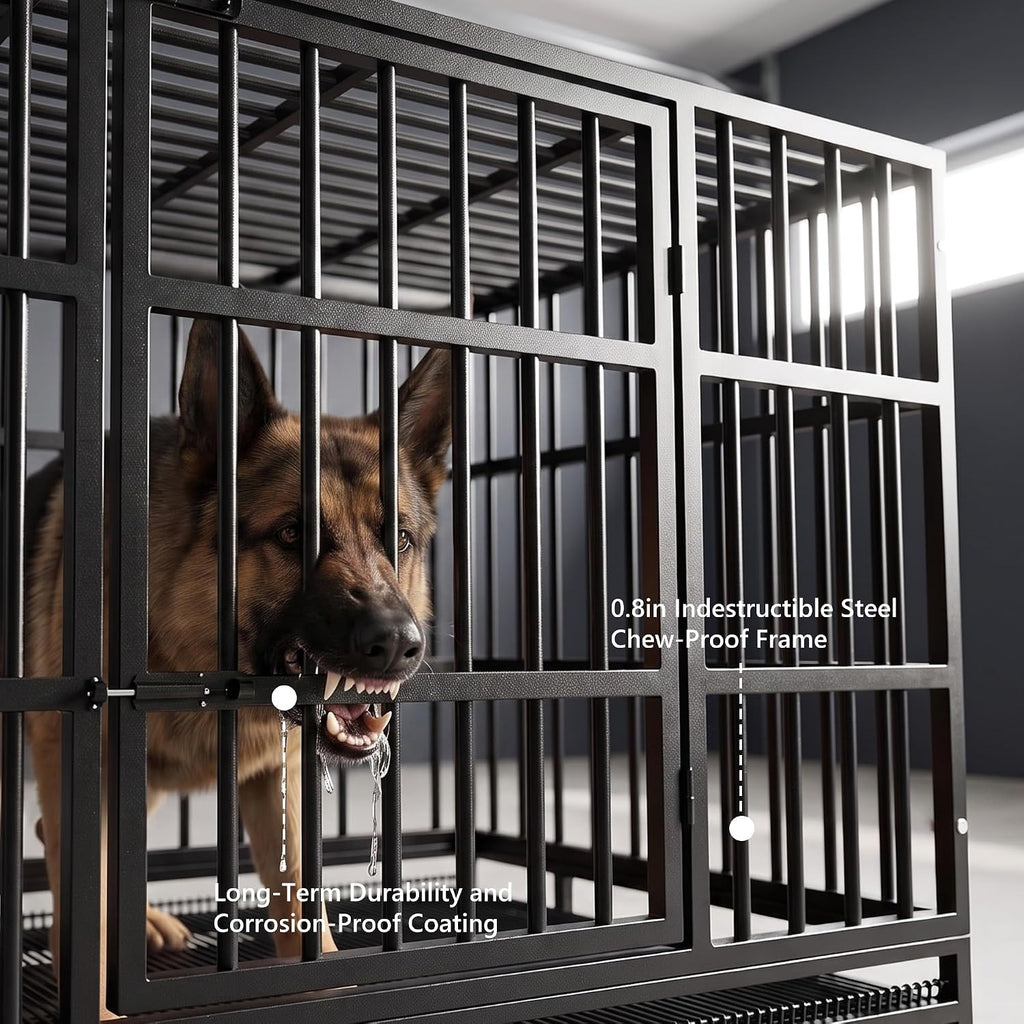 LEMBERI 48" Heavy Duty Dog Crate for Large Dogs, Black | Indestructible escape-proof cage kennel for high anxiety dogs, with removable wire trays & lockable wheels