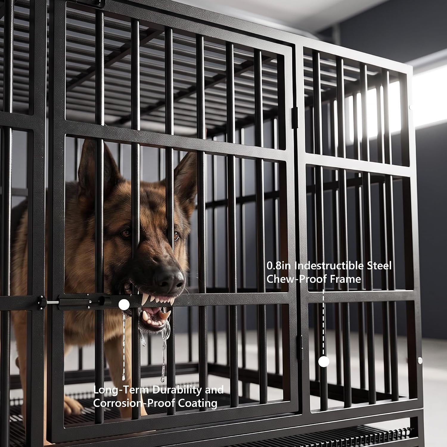 LEMBERI 48" Heavy Duty Dog Crate for Large Dogs, Black | Indestructible escape-proof cage kennel for high anxiety dogs, with removable wire trays & lockable wheels
