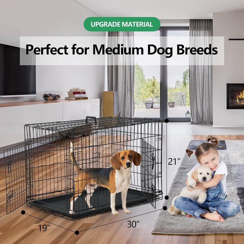 30 Inch Medium Dog Crate, Heavy Duty Dog Crates for Medium Dogs, Metal Wire Folding Dog Cage with Removable Trays, Locks, Double-Door, Divider Panel, Handle, Puppy Crate Pet Crate (30 in, Black)