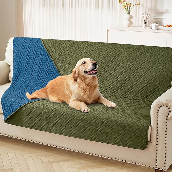 hyha Waterproof Dog Blanket, Soft Pet Bed Blankets, Waterproof Sofa Couch Cover for Dogs Washable, Reversible Pet Couch Covers for Sofa Furniture (52x82 Inch, Green/Navy Blue)
