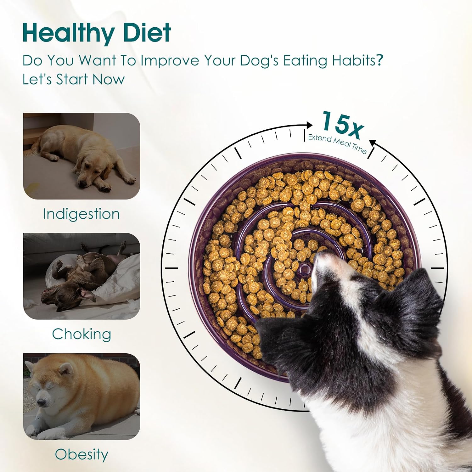 vancasso Slow Feeder Dog Bowl, 3 Cups Ceramic Large Puzzle Dog Food Dish | Maze Dog Food Bowl for Fast Eaters, Slow Feeding Design for Large Dogs, Promotes Healthy Eating Habits, Dark Purple