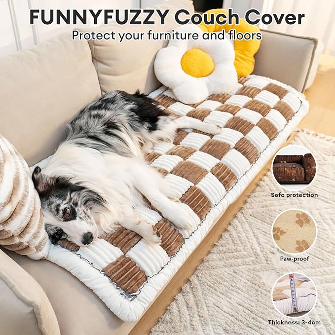 FUNNY FUZZY Pet Couch Covers for Sofa, Couch Covers for Dogs Washable Dog Couch Cover Protector Cream-Colored Furniture Sofa Covers for Dog Handmade Pure Cotton Pet Bed Mat (Brown, 23.6"×63")