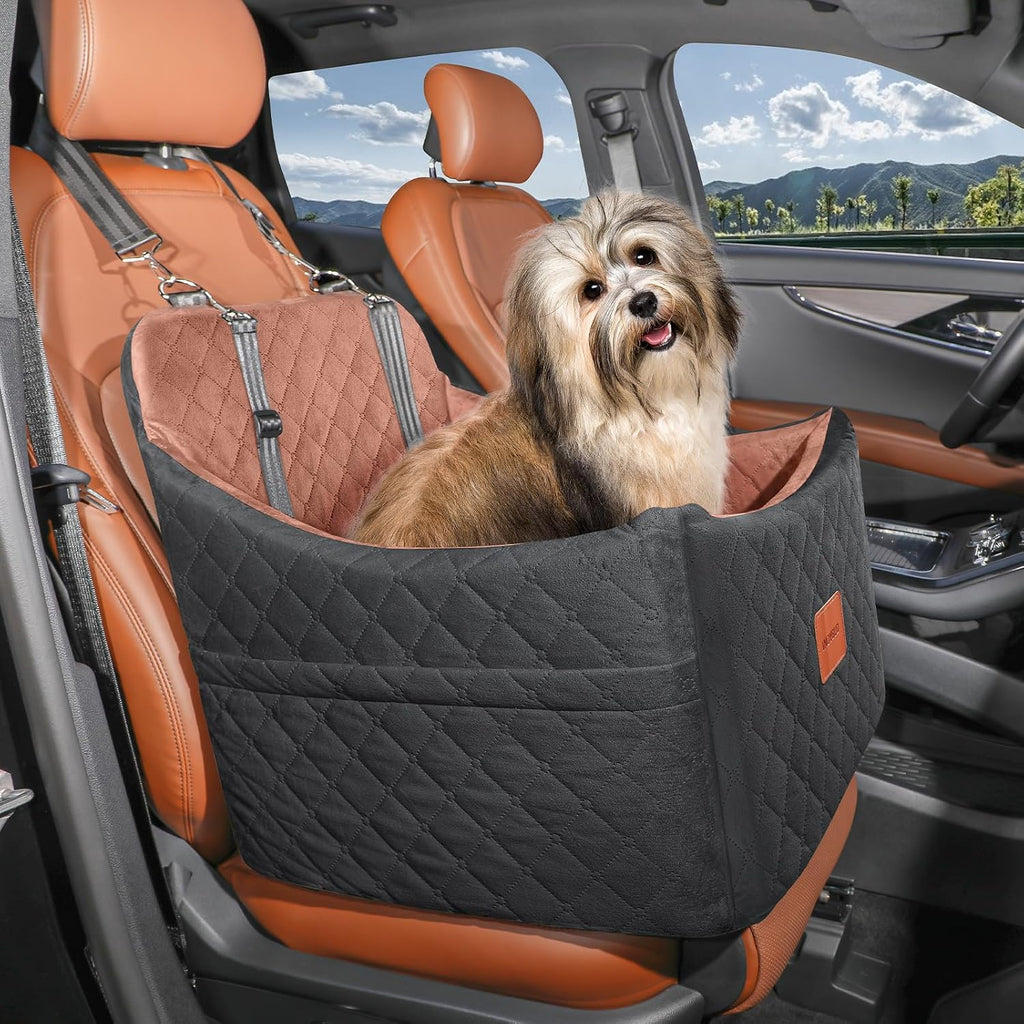 Dog Car Seat for Small/Medium Dogs, Memory Foam Dog Booster Seat, Travel Safety Pet Car Seat with Washable Removable Cover, Storage Pockets for Dogs up to 35 lbs((Black/Brown, Medium)