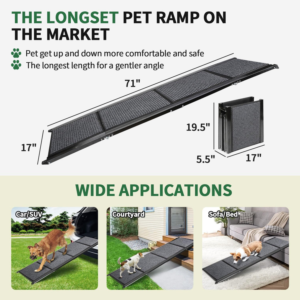 Dog Ramp for Car, Longest 71" Portable Folding Pet Ramp with Extra Pet Blanket, Car Ramp with Non-Slip Rug Surface, Gentler Dog Stairs for Medium & Large Dogs Enter a Car, SUV & Truck