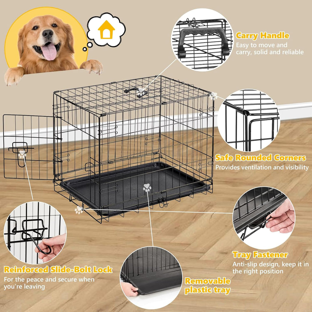 Small Dog Crate 24 Inch, Metal Wire Foldable Dog Cage Kennel | Double Door, Secure Lock, Plastic Leak-Proof Pan Tray, Indoor Outdoor Training Pet