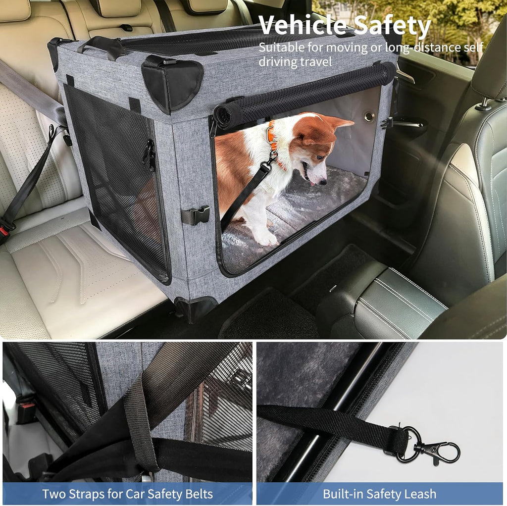 NEZUC Collapsible Dog Crates for Large Dogs Portable Soft Sided Travel Dog Carrier for Indoor & Outdoor, 4-Door Foldable Pet Kennel with Durable Mesh Windows (Gray, 24.0" L x 17.0" W x 17.0")