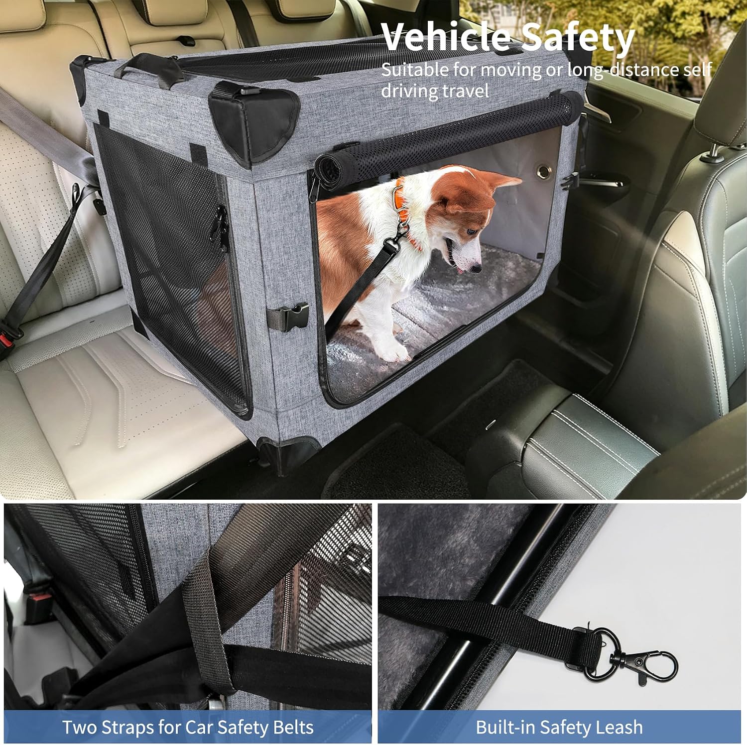 NEZUC Collapsible Dog Crates for Large Dogs Portable Soft Sided Travel Dog Carrier for Indoor & Outdoor, 4-Door Foldable Pet Kennel with Durable Mesh Windows (Gray, 24.0" L x 17.0" W x 17.0")