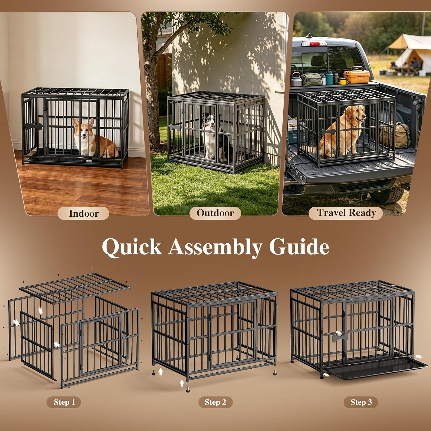 Pawaboo 38 Inch Heavy Duty Dog Crate, with Removable Tray, Escape Proof | Dog Kennel, 0.5 Inch Iron Tube Thickened Dogs Crate for Medium and Small Dogs, Easy to Clean, Black