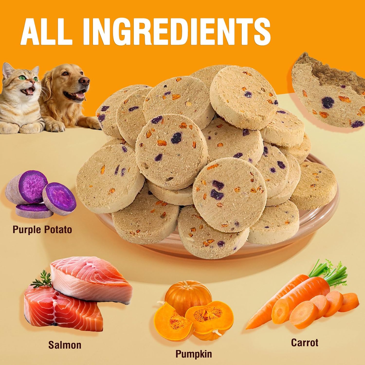 100g/3.52oz Dehydrated Salmon&Veggie Treats for Cats and Dogs,Includes Pumpkin,Purple Potato and Carrot,All Natural and Delicious Snack Bites for Pets,Perfect for Training and Rewarding