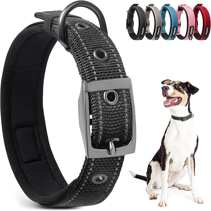 PetiFine Dog Collar for Large Dogs, Neoprene Padded and Adjustable, Reflective Wide Heavy Duty Pet Collars with Durable Metal Belt Buckle for Walking, Black, L