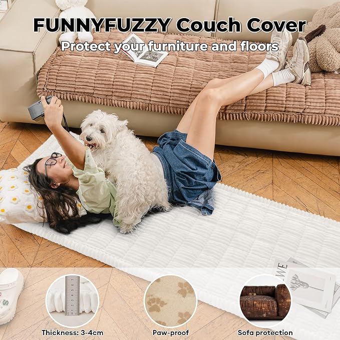 FUNNY FUZZY Pet Couch Covers for Sofa, Washable Dog Couch Cover Protector for Dogs, Flannel Couch Covers for Dogs Pet Friendly Pets Mat Bed Sofa Cover (White, 27.6"×82.7")
