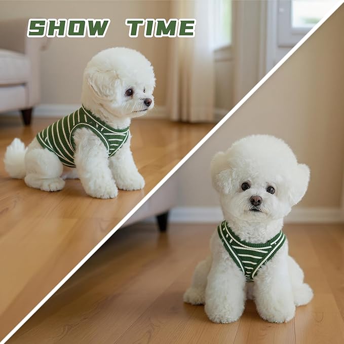 Dog Clothes, Stripe Dogs Shirts for Small & Medium Breeds, Pet Tank Top, Breathable Waffle Fabric Puppy Outfit, Shirt for Chihuahua, Yorkie, Dachshund, Corgi (Green, XSmall)