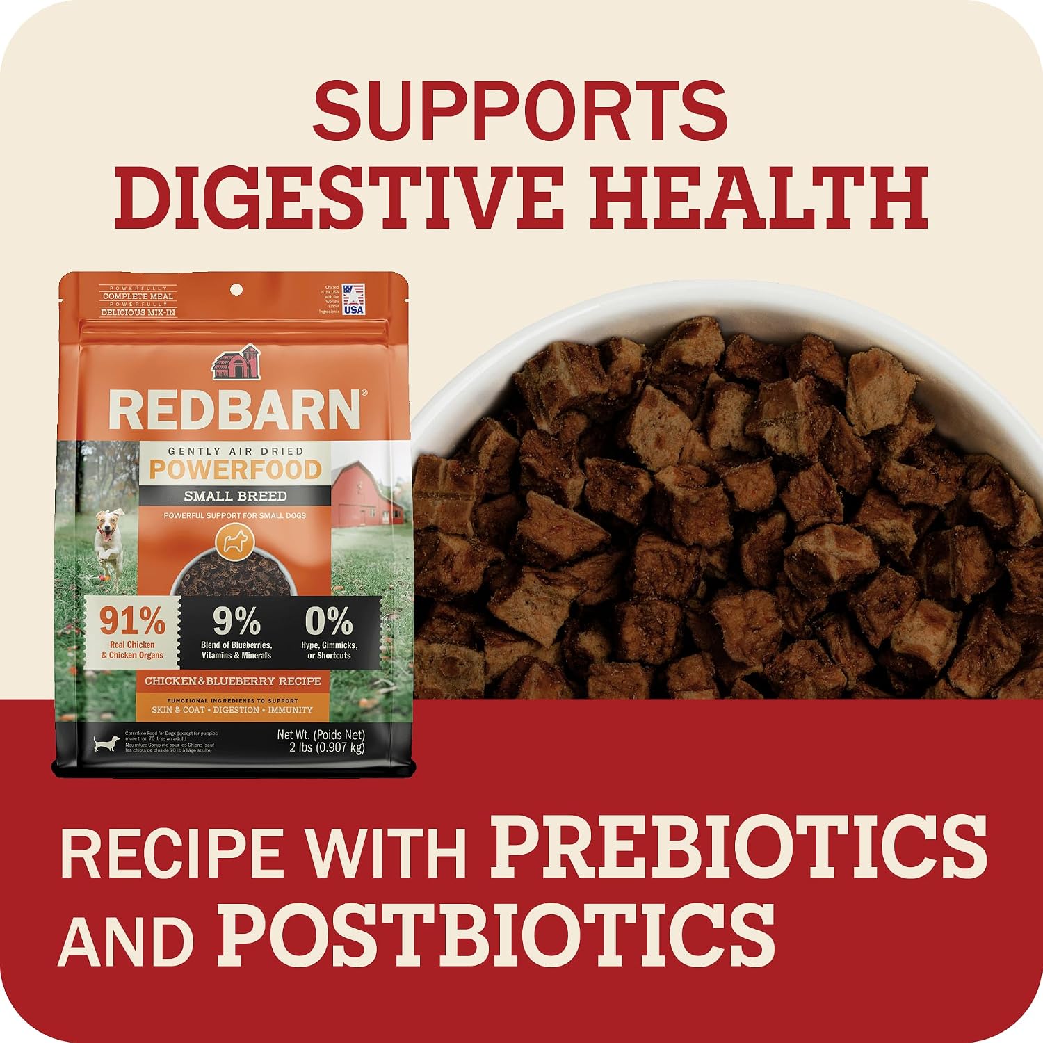 Redbarn Powerfood Air Dried Dog Food Small Breed Recipe 2 lbs - 91% Chicken & Chicken Organs with Blueberries Prebiotics Postbiotics Grain Free Wholesome Pet Food Made in USA