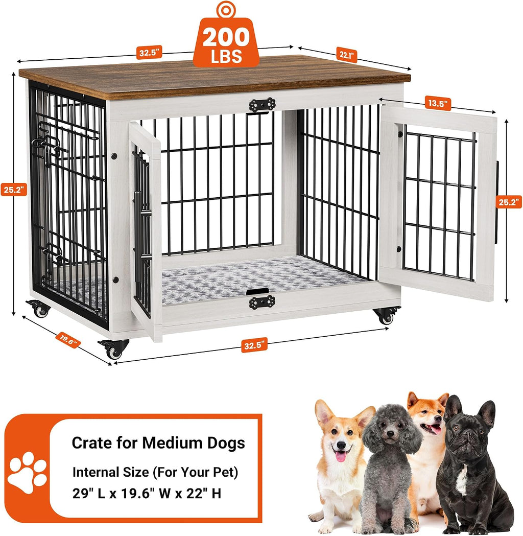 Medium Dog Crate Furniture, 32'' Heavy Duty Kennel w/Cushion & Wheels | White, Double Doors, Wooden Dog Cage, Chew-Resistant, End Table, Decorative, 27"/32"/38"/44" Options, Indoor