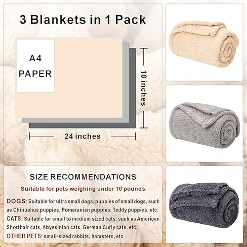 3 Blankets, Dog Cat Pet Blanket, Soft Warm Fleece, for Puppy, Small Dogs or Kitten, Cats, Plush Fuzzy Blanket for Bed, Sofa, Travel (24" x 18", 3/Pack, Beige+Light Gray+Dark Gray)